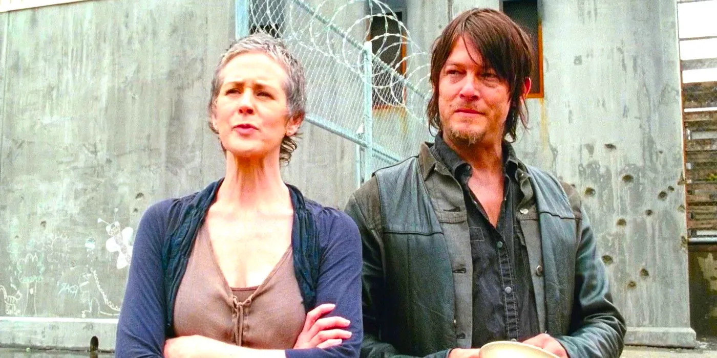 Norman Reedus and Melissa McBride standing side by side in The Walking Dead season 4 Image