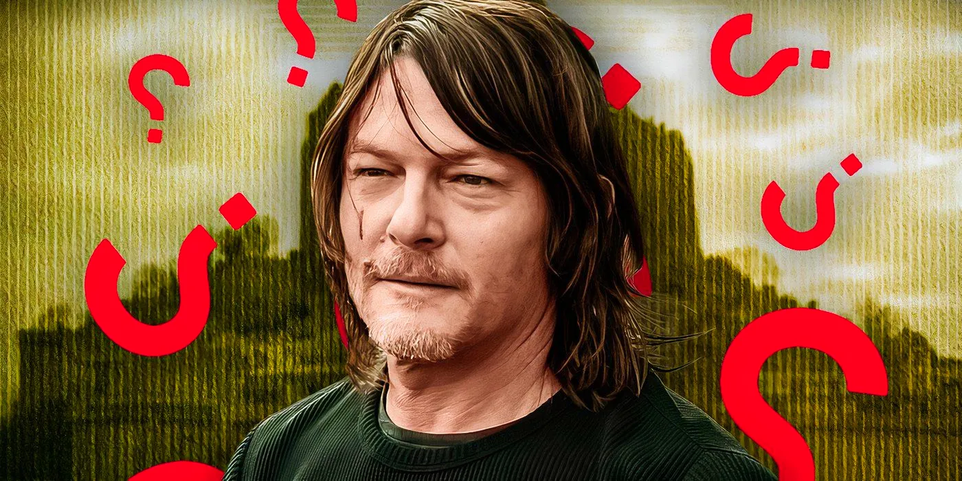 Norman Reedus as Daryl Dixon in front of the Nest with question marks around him in The Walking Dead: Daryl Dixon Image