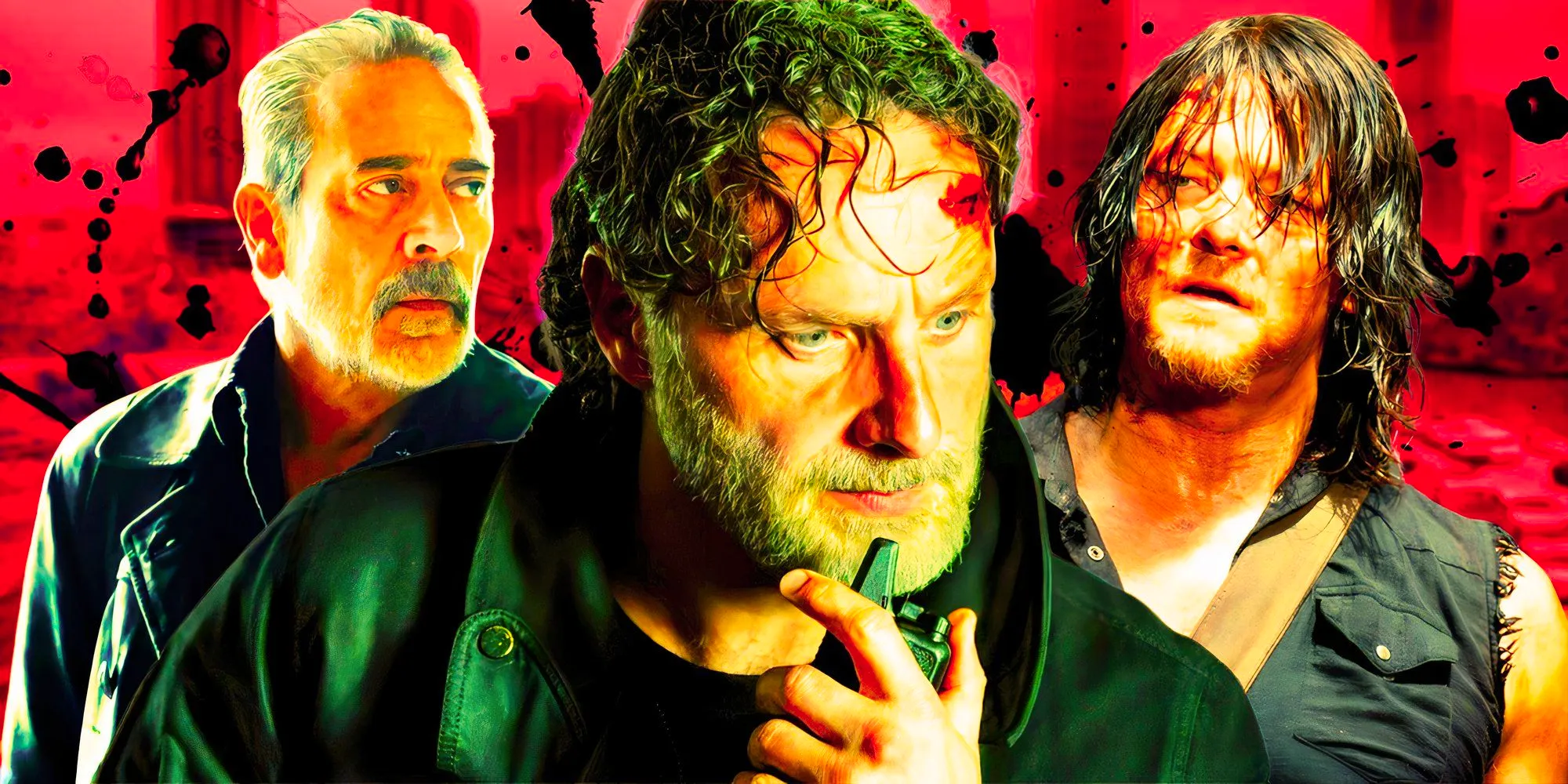 Norman Reedus as Daryl Dixon in The Walking Dead, Andrew Lincoln as Rick Grimes in The Ones Who Live, and Jeffrey Dean Morgan as Negan in Dead City Image