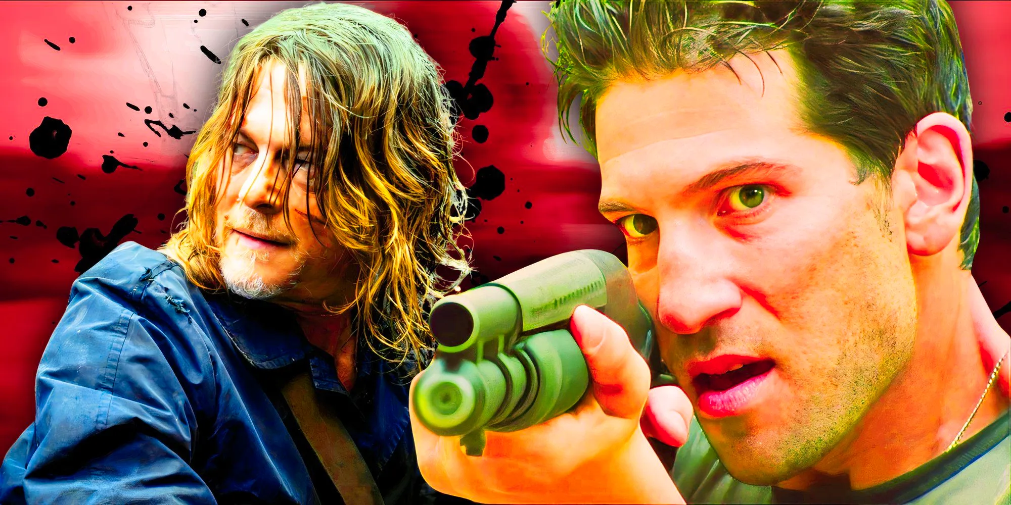 Norman Reedus as Daryl Dixon looking to the side in The Walking Dead: Daryl Dixon and Jon Bernthal as Shane Walsh holding a shotgun in The Walking Dead Image