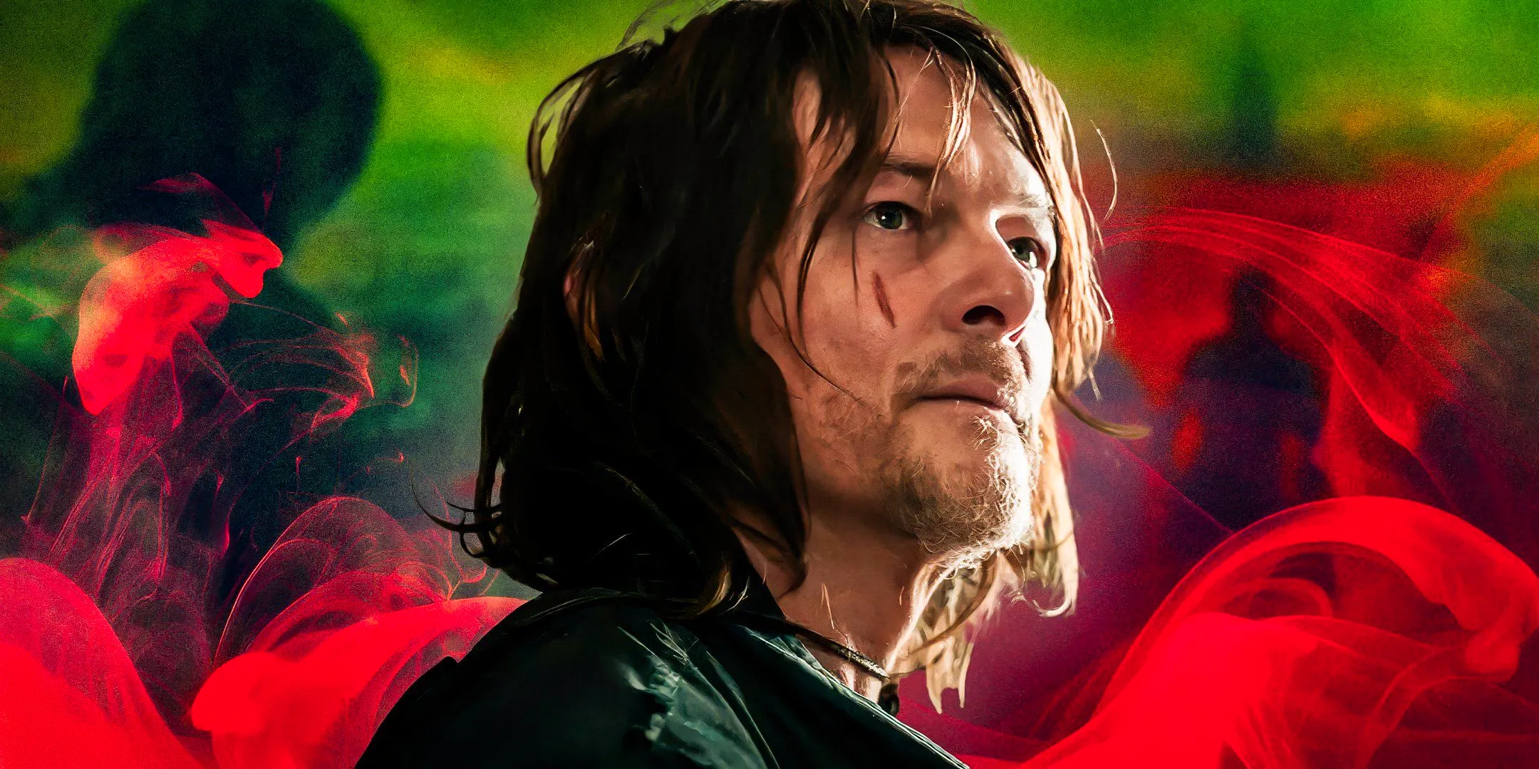 Norman Reedus as Daryl Dixon with a cut on his face in front of a red and green background in The Walking Dead Daryl Dixon Image