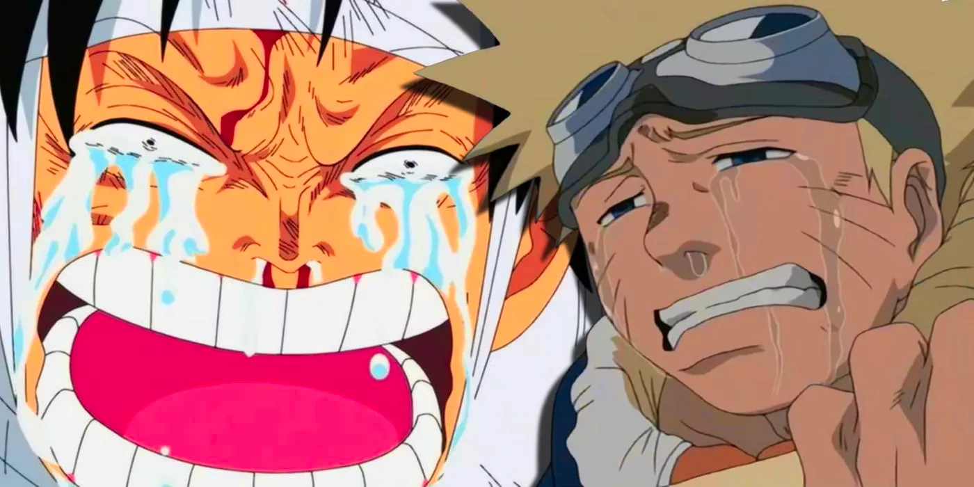 Nuffy from One Piece bandaged up and crying in rage with Narutp bawling next to him. Image