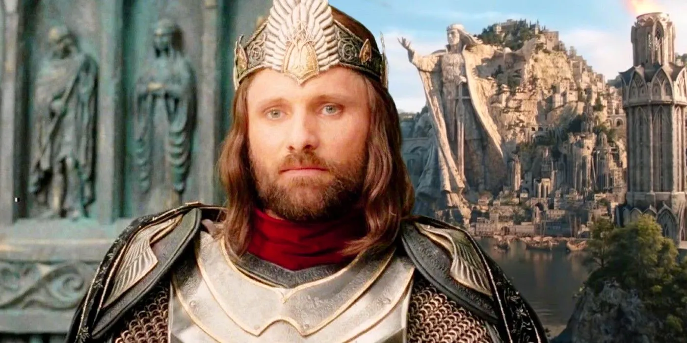 Numenor in The Rings of Power and Viggo Mortensen as King Aragorn in Lord of the Rings Image