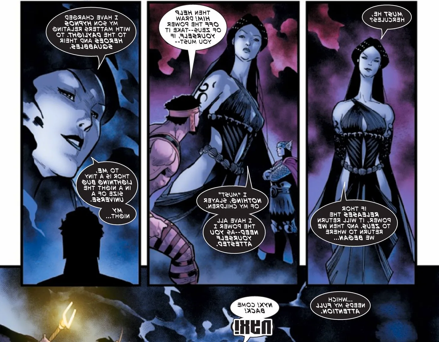 Nyx brags about being able to defeat Thor in Immortal Thor #15 Image