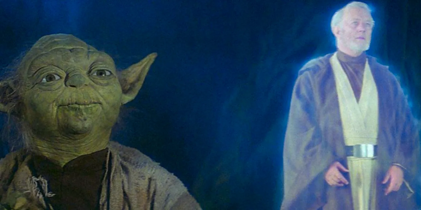 Obi-Wan as a Force ghost to the right and Yoda on Dagobah to the left in the Empire Strikes Back  Image