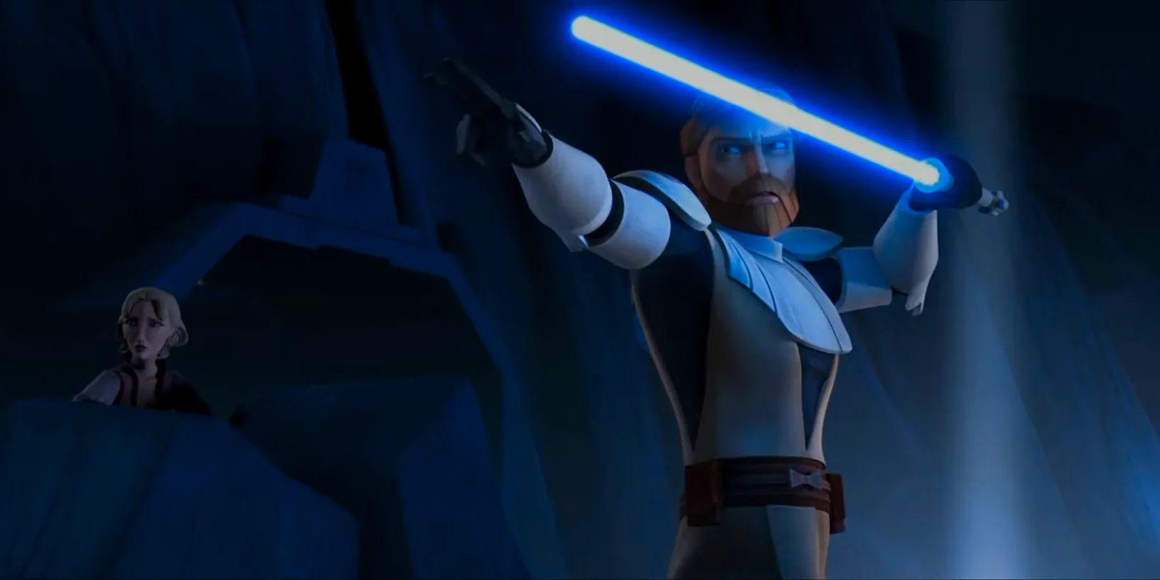 Obi-Wan brandishing his lightsaber while Satine hides in the background in The Clone Wars Image