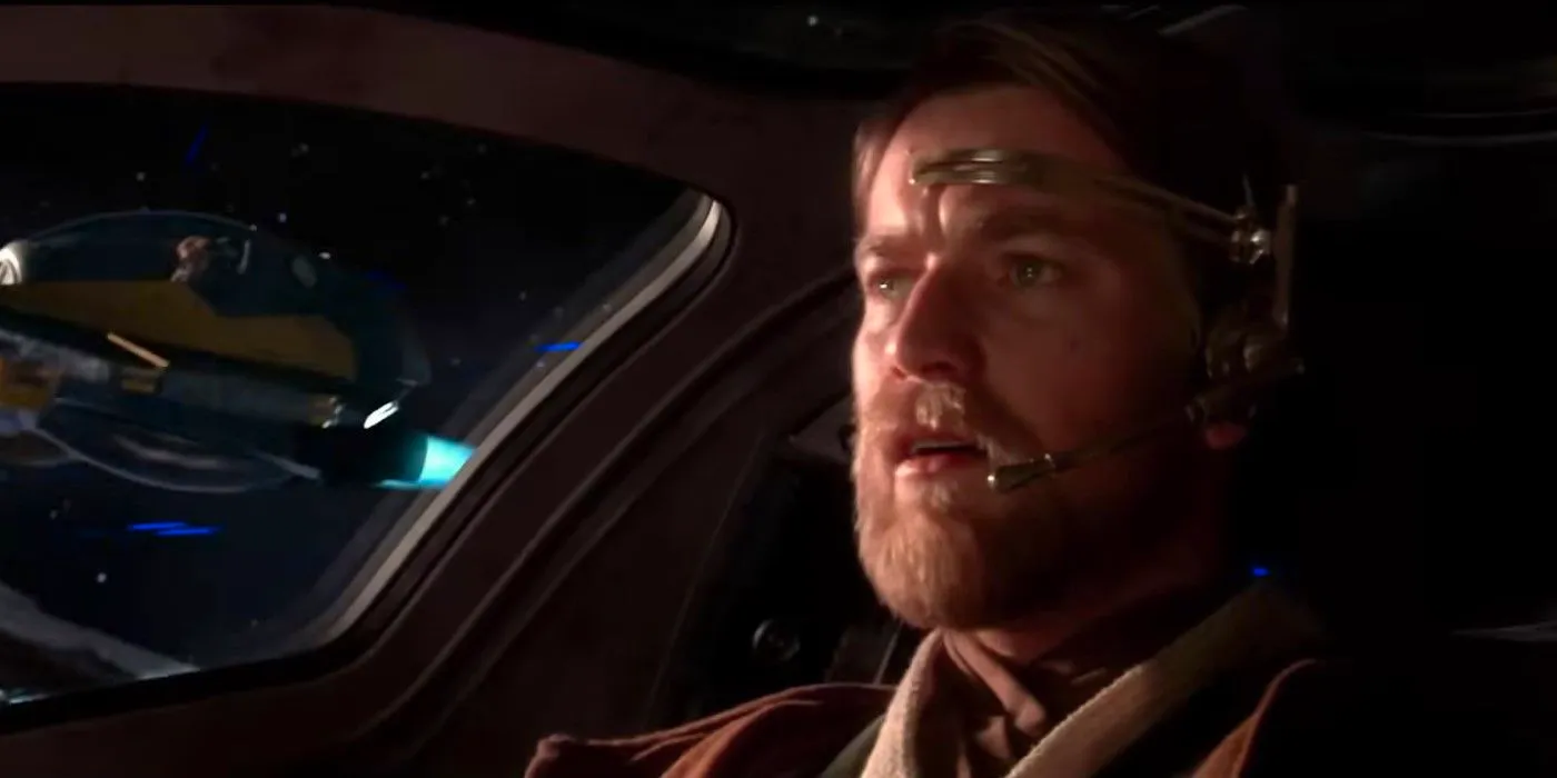 Obi-Wan Kenobi flies his Eta-2 Actis Jedi Starfighter Interceptor during the Battle of Coruscant in Star Wars Revenge of the Sith Image