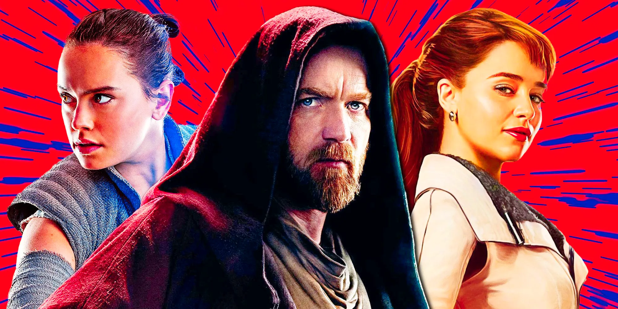 Obi-Wan Kenobi from the Disney+ TV show, Rey, and Qi'ra from Solo Image