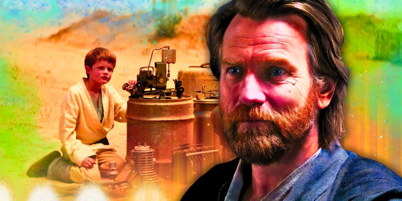 Obi-Wan Kenobi from the Obi-Wan Kenobi show to the left and young Luke Skywalker from the Obi-Wan Kenobi show sitting on Tatooine to the right in a combined image with a vibrant green hue Image