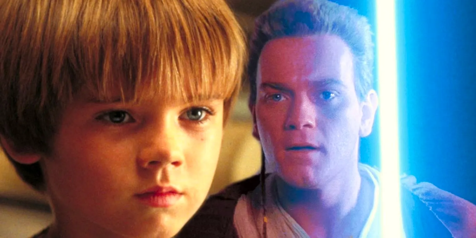 Obi-Wan Kenobi holding his blue lightsaber to the left and young Anakin to the right both from The Phantom Menace Image