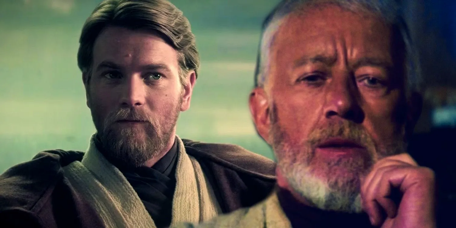 Obi-Wan Kenobi in A New Hope to the left looking serious and in the prequels looking curious to the right Image