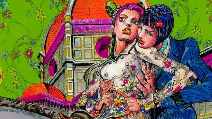 Official art of Bruno Bucciarati and Joylene Kujo from Jojo's Bizarre Adventure riding a horse together in Jolyne, Fly High with GUCCI. Image