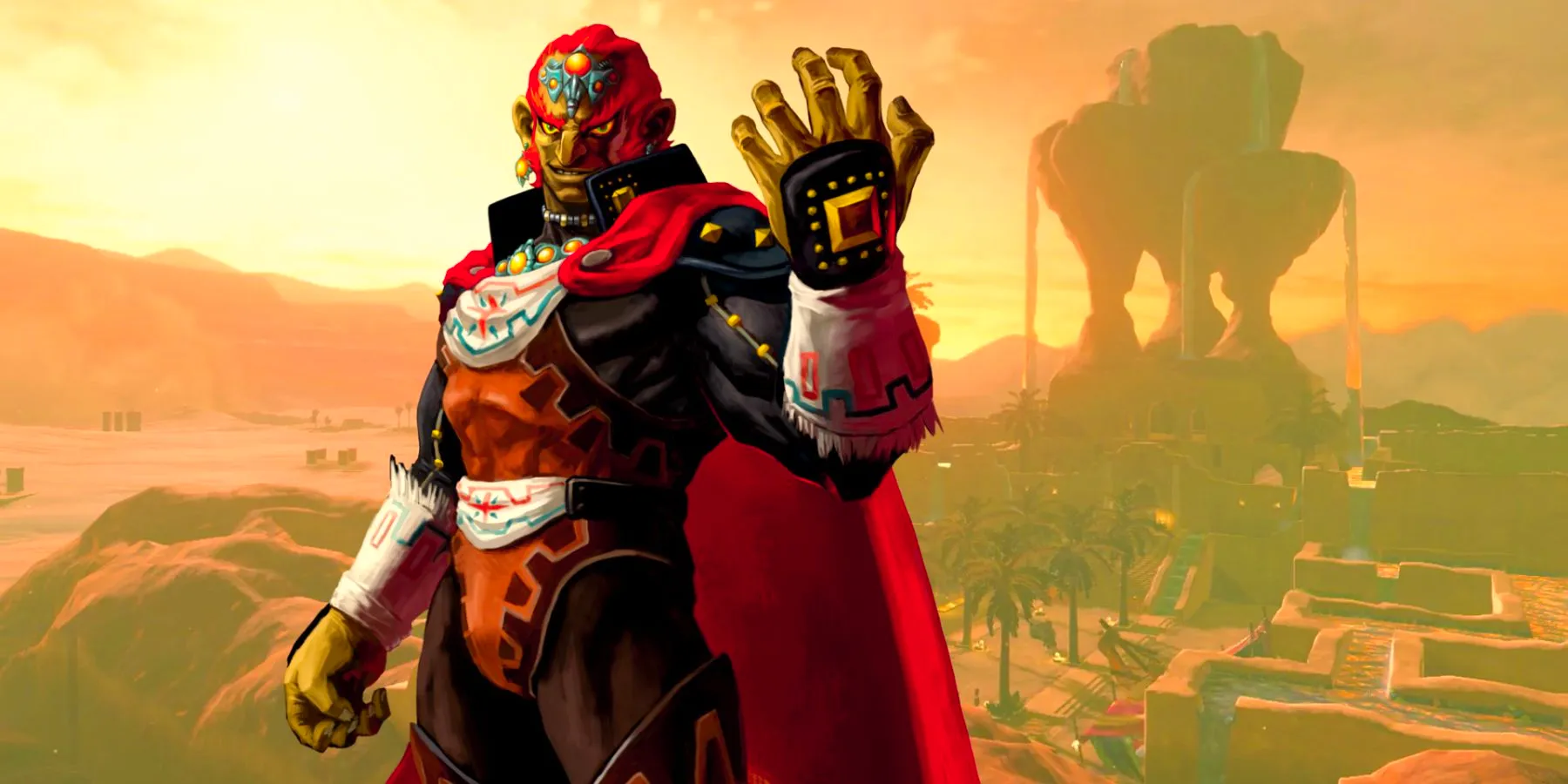 Official artwork of Ganondorf from Ocarina of Time 3D in front of a screenshot overlooking BOTW's Gerudo Town. Image