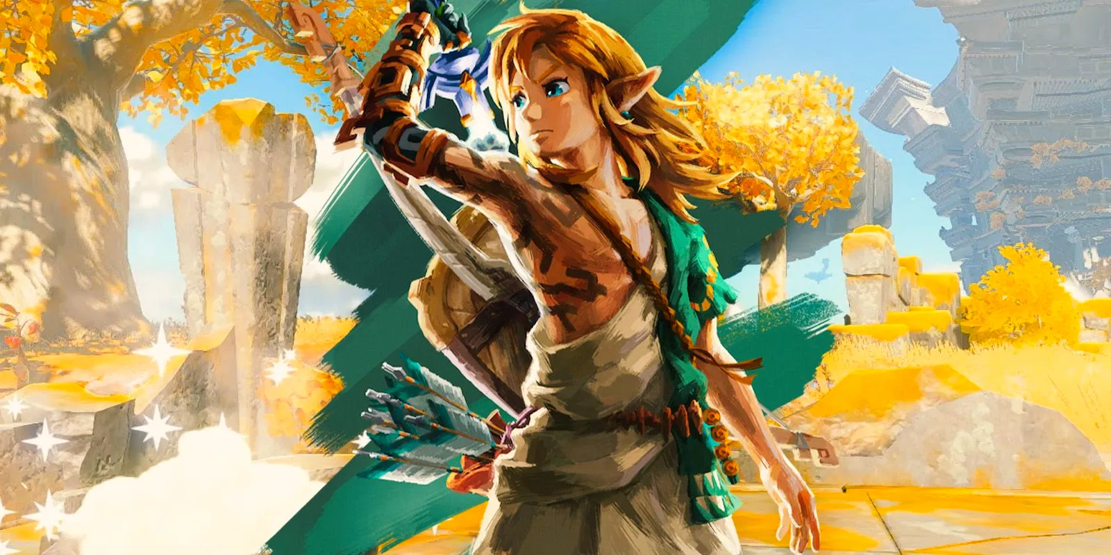 Official Tears of the Kingdom artwork with Link reaching for the Master Sword in front of a background showing Great Sky Island, with golden grass and leaves. Image