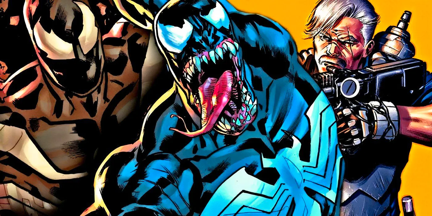 Old Man Venom standing next to previous iterations of the Lethal Protector. Image