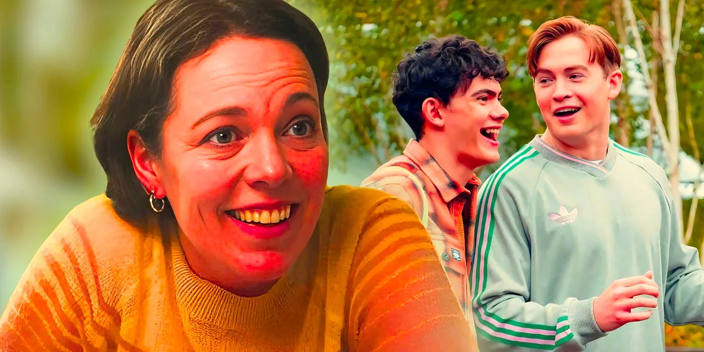 Olivia Colman smiling as Mrs. Nelson and Joe Locke and Kit Connor as Charlie and Nick in Heartstopper Image