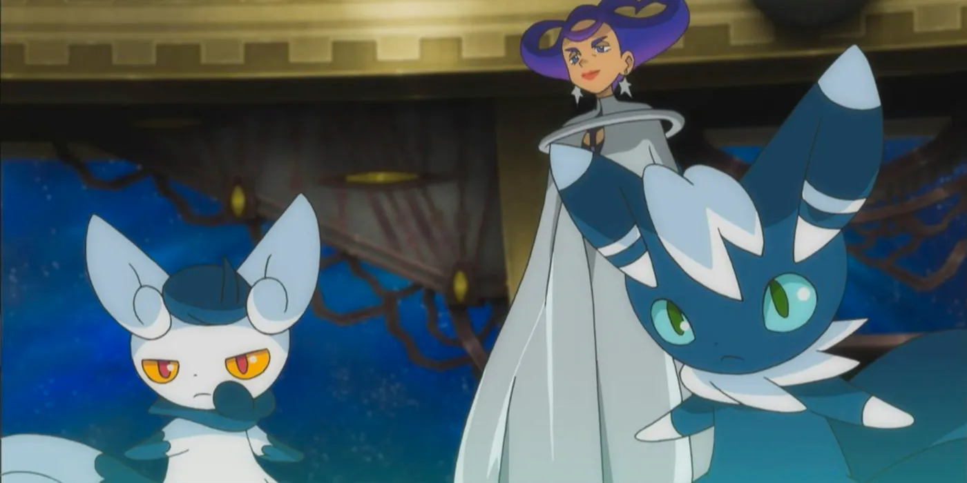 Olympia and her Meowstic in the Pokémon anime are ready to battle. Image