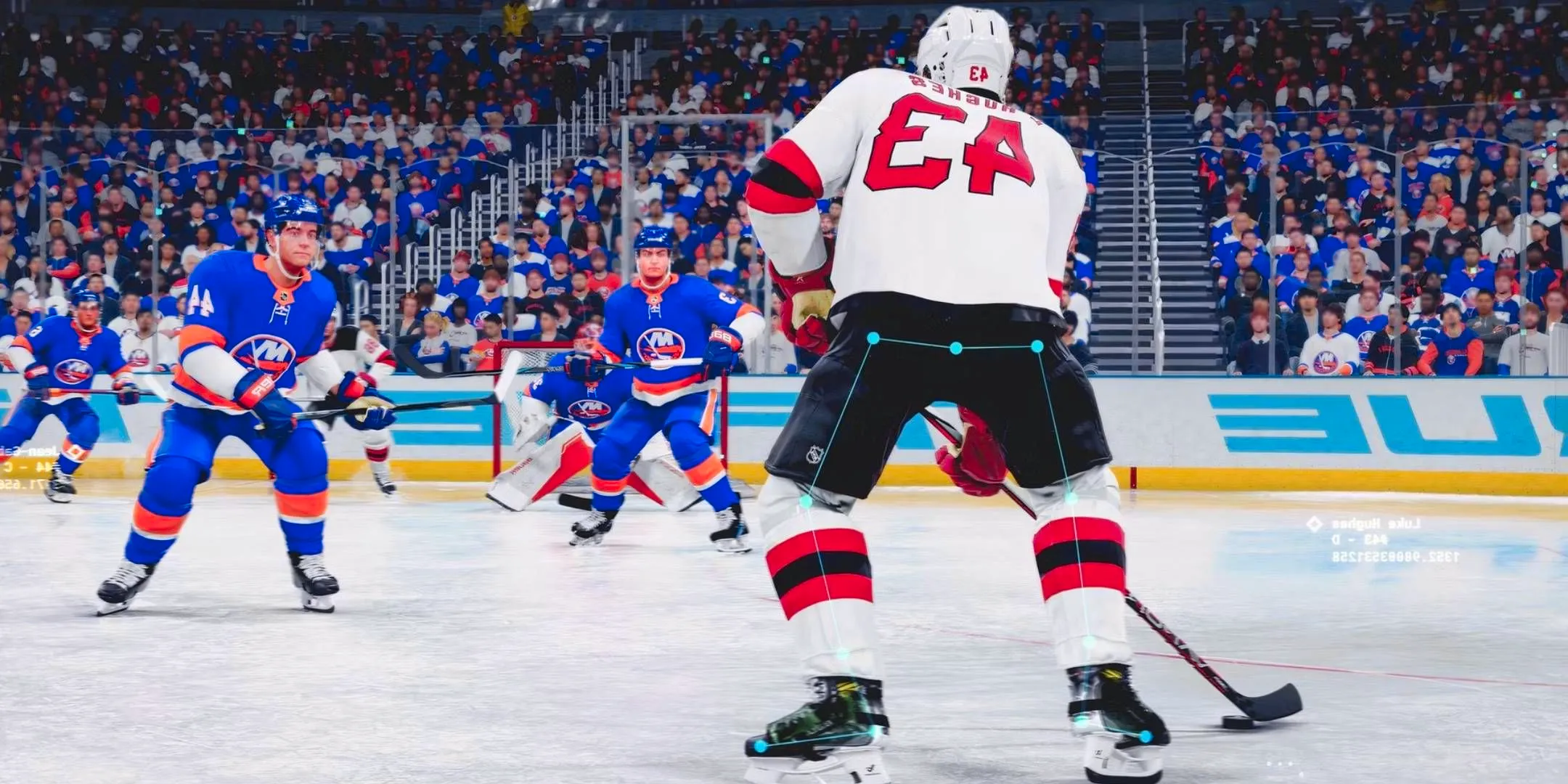 One hockey player coming up against a group of opponents in NHL 25. Image