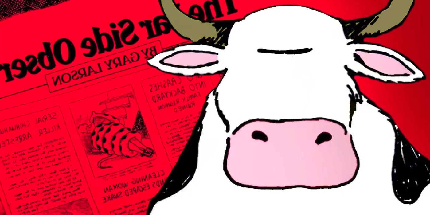 One of The Far Side's signature cows (foreground) with a red newspaper front page in the background. Image