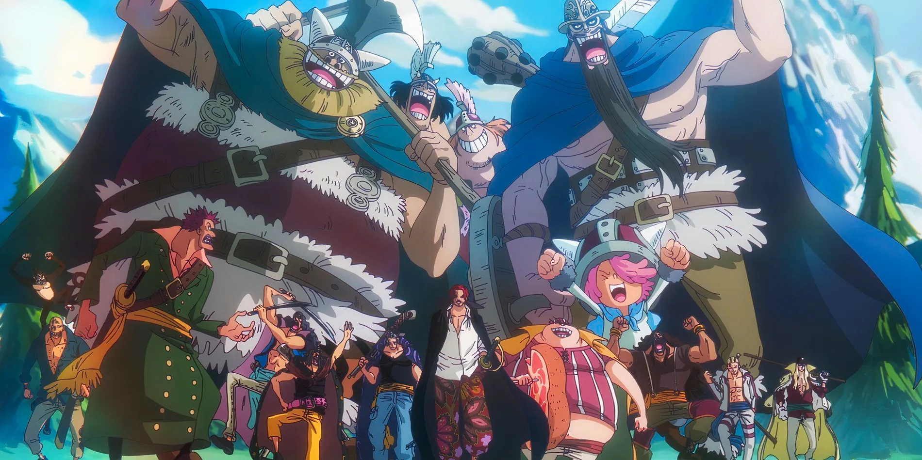 One Piece Anime Episode 1109 shows Elbaf along with the Giants Brogy and Dorry as they follow Shanks and his crew into battle. Image