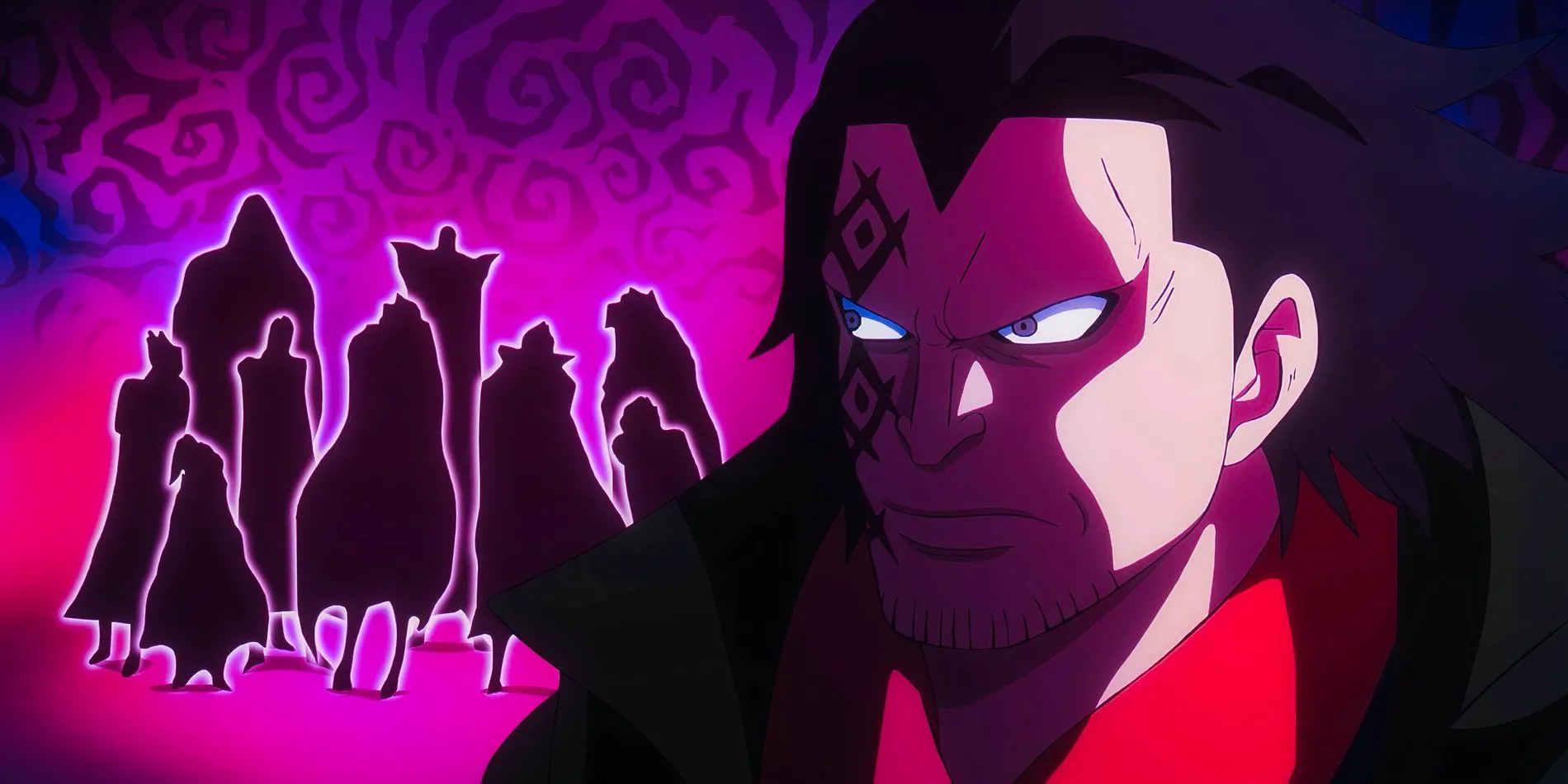 One Piece anime Episode 1117 shows Luffy's dad, Monkey D. Dragon, looking ominous while nine silhouettes of the the Holy Knights stand in the background. Image