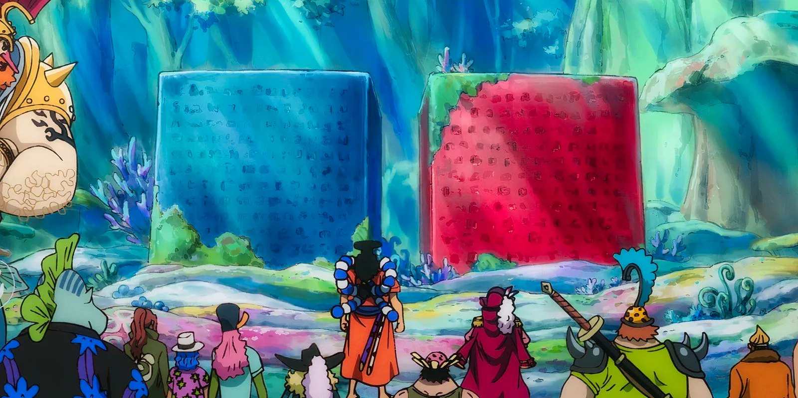 One Piece anime image shows Two Poneglyphs one blue and one red making it a Road Poneglyph, both sitting on Fish Men Island. Oden and Roger's crew are standing in front of them. Image