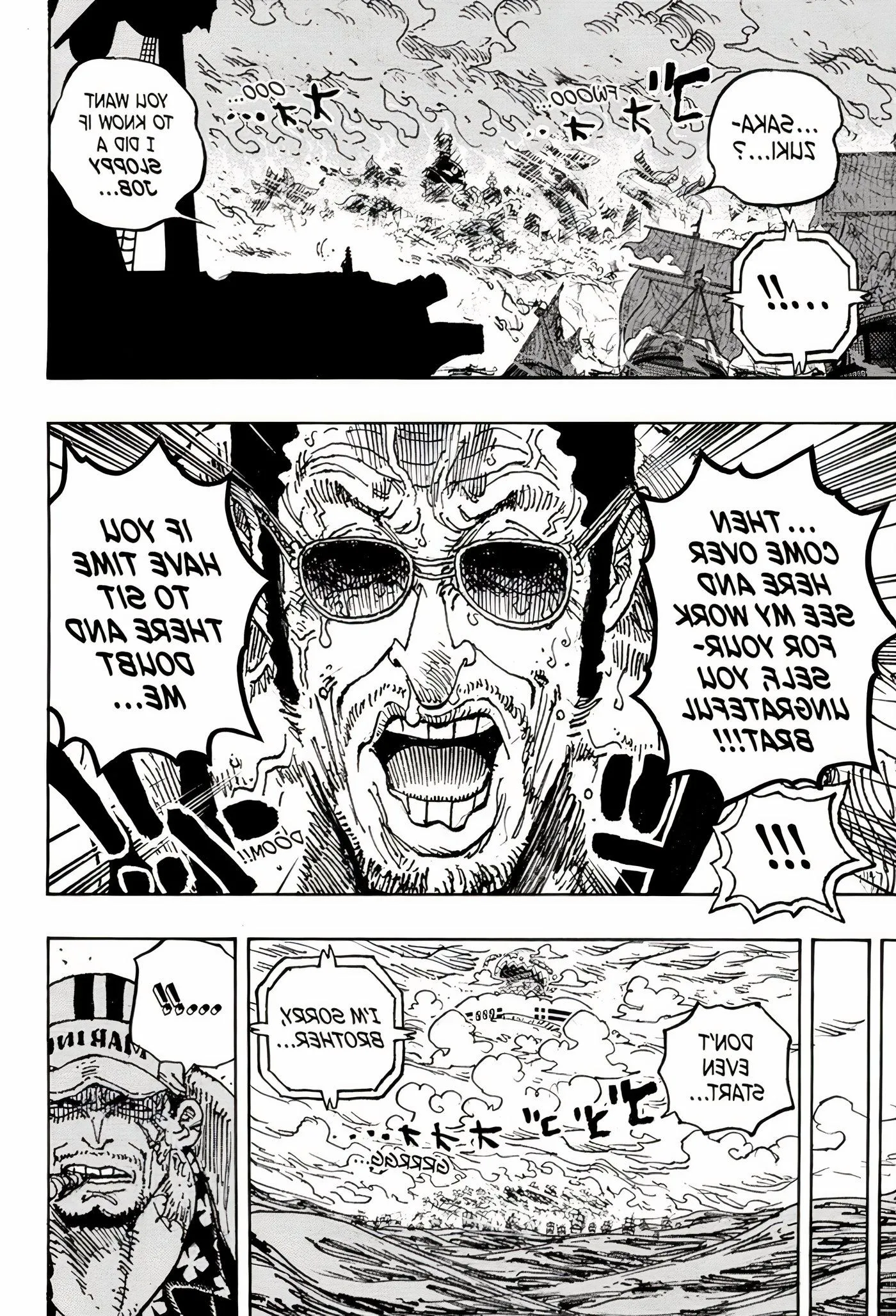 One Piece Manga panels from chapter 1124 show Admiral Kizaru Crying and scolding Fleet Admiral Sakazuki as Egghead burns in the background. Image