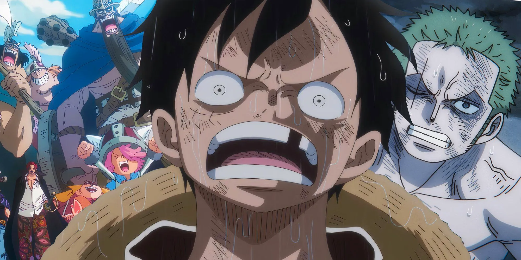 One Piece screenshots from the anime cut together showing Luffy Shocked while an injured Zoro and Giants with Shanks are in the background. Image