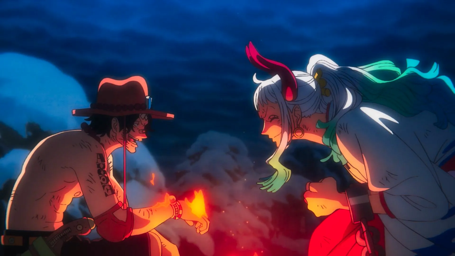 One Piece Yamato and Ace talking over a fire Image