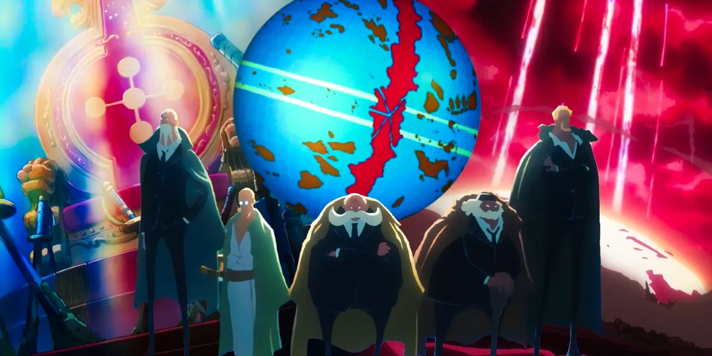 One Piece's five elders standing around the world of one piece with the empty throne in the background to the right and the island of lulusia being destroyed to the left Image