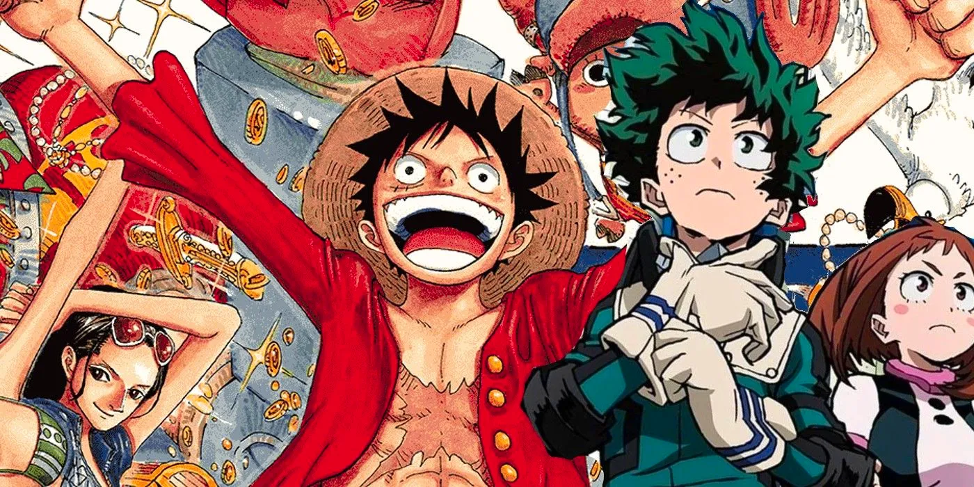 One Piece's Luffy cheering alongside My Hero Academia's Deku who is putting his gloves on. Image