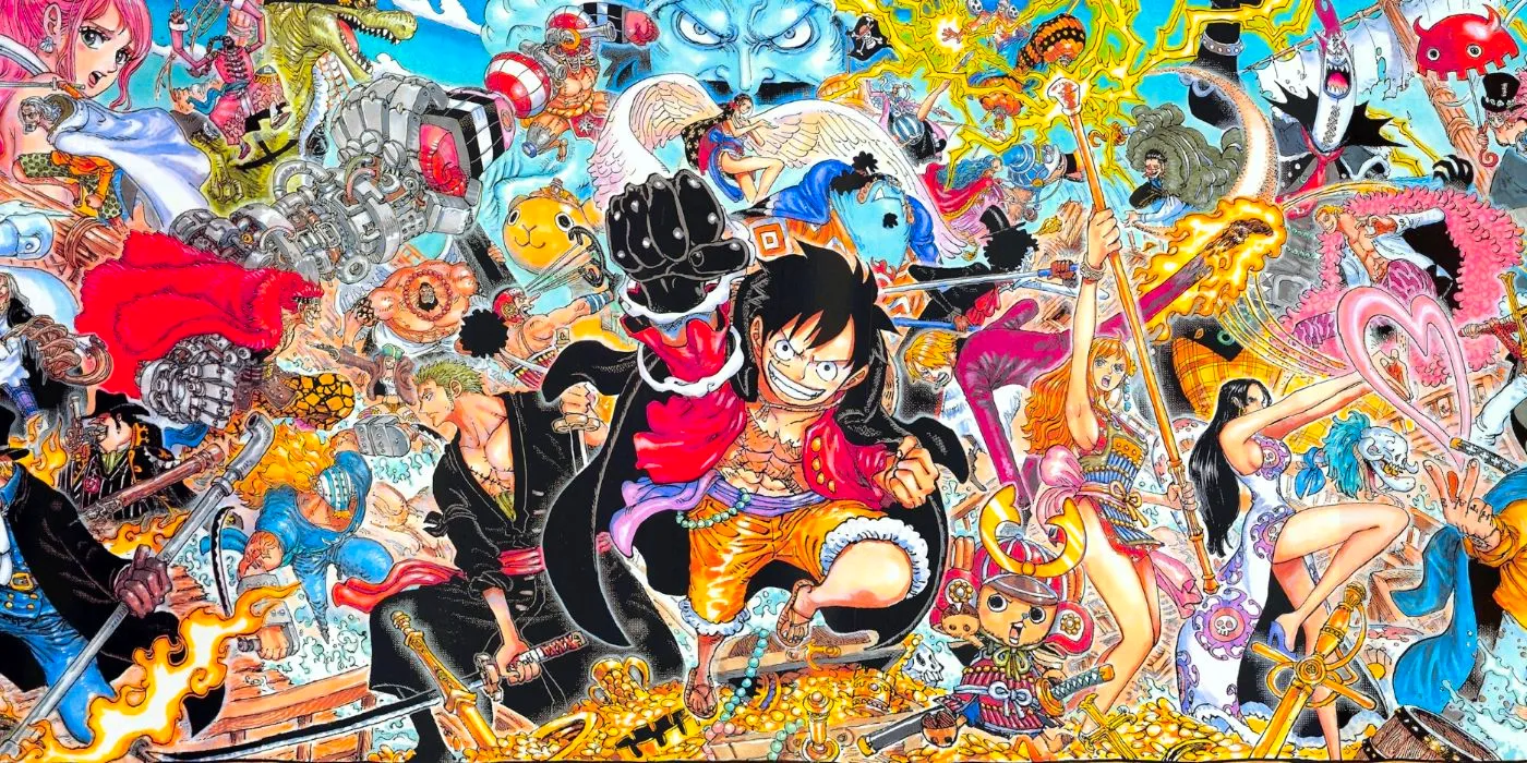 One Piece's Luffy with fist raised emerging from background of characters, objects, and treasures Image