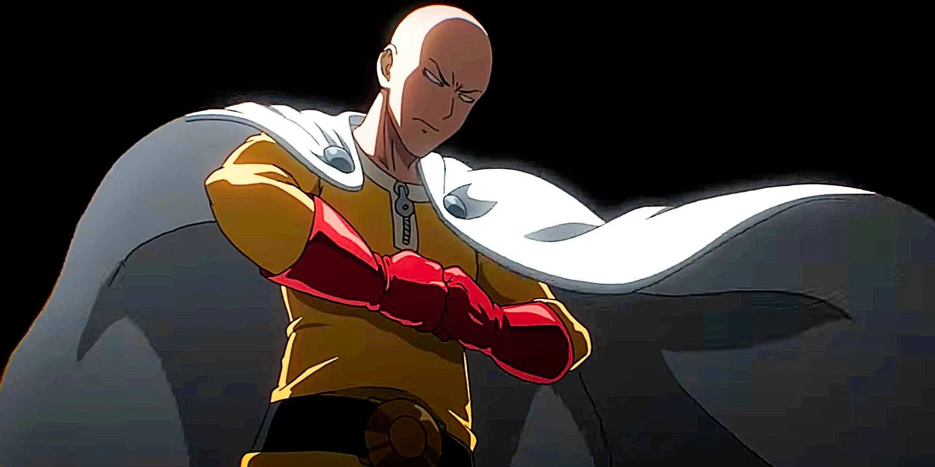 One-Punch Man prepares to fight with his fists together and a serious expression. Image