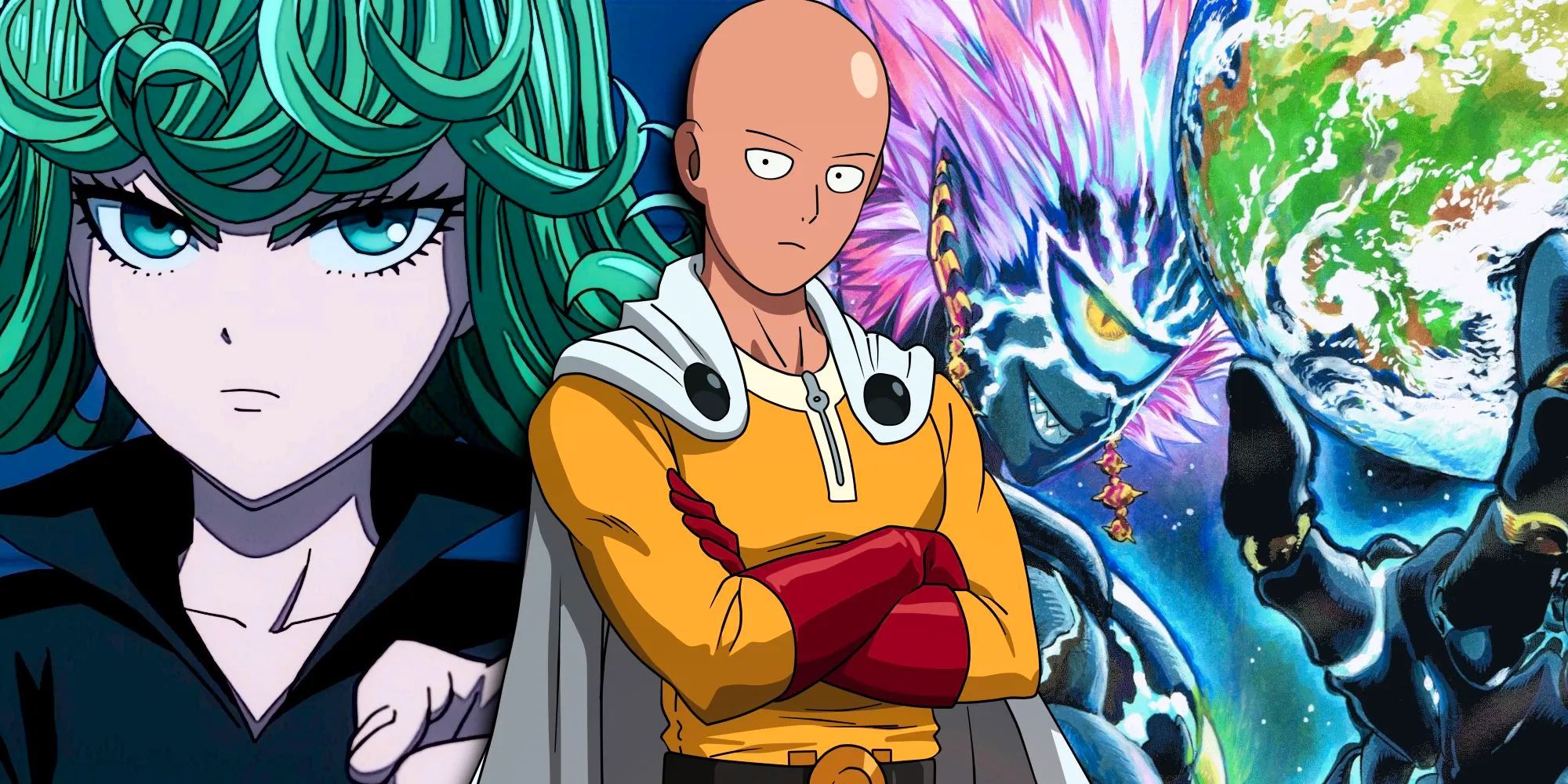 One-Punch Man strongest characters with Saitama, Tatsumaki, and Boros Image