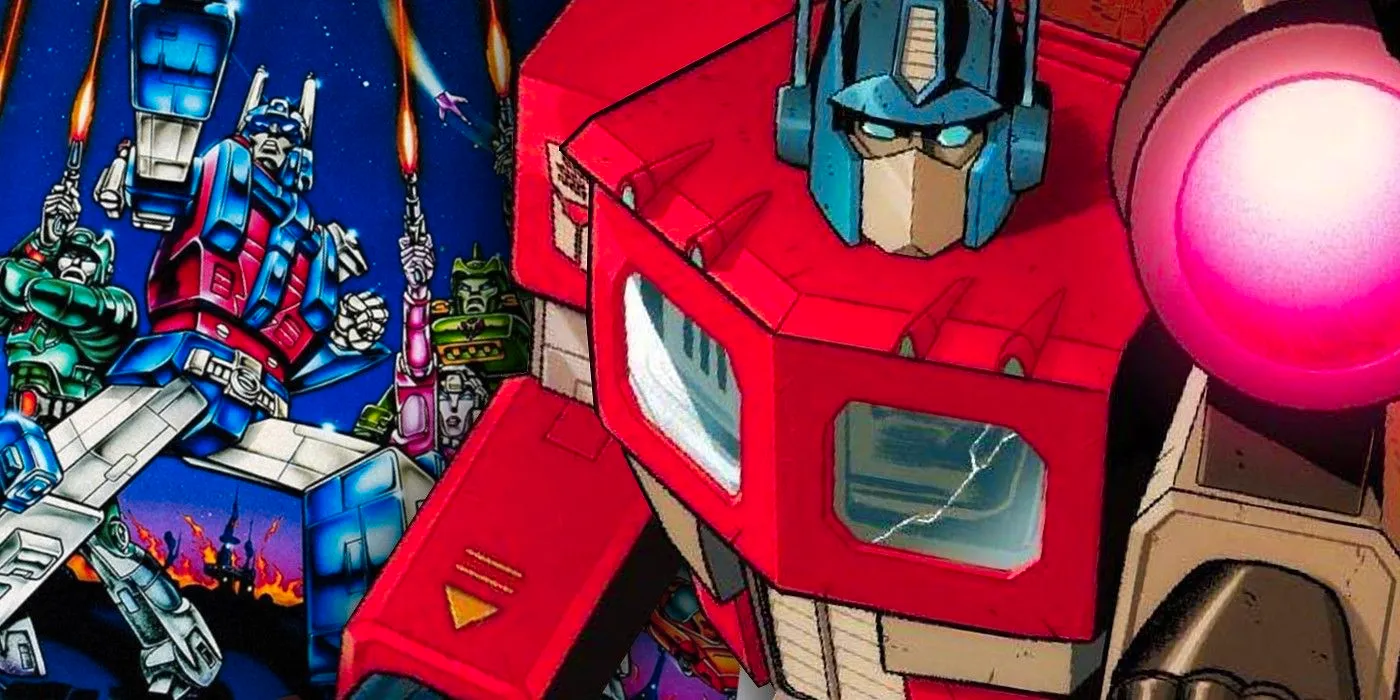 Optimus Prime (foreground, left) with the 1986 Transformers movie poster in the background (right.) Image