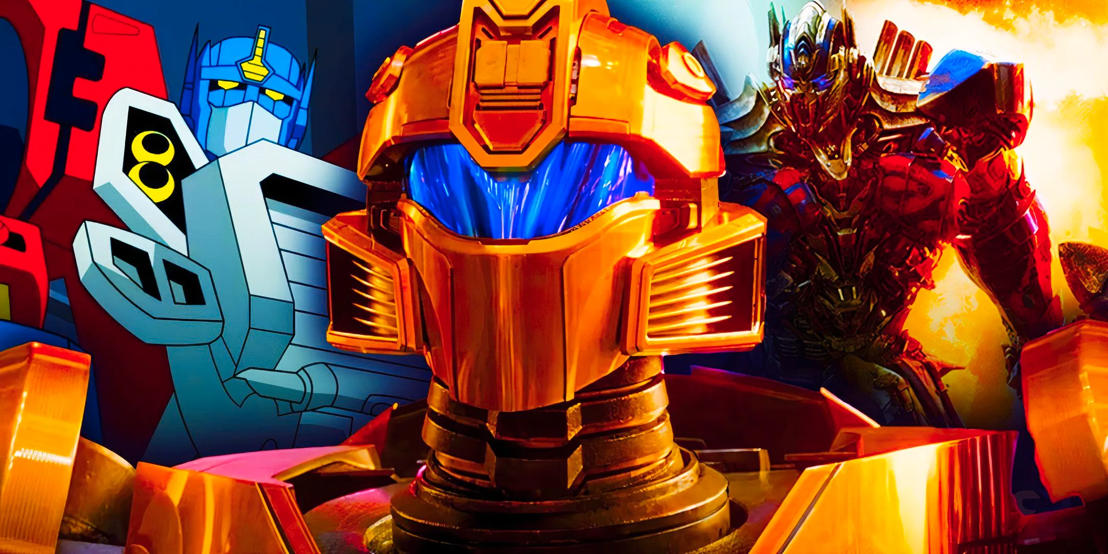 Optimus Prime in live-action movies, Bumblebee in Transformers One, and Optimus Prime in animated show Image