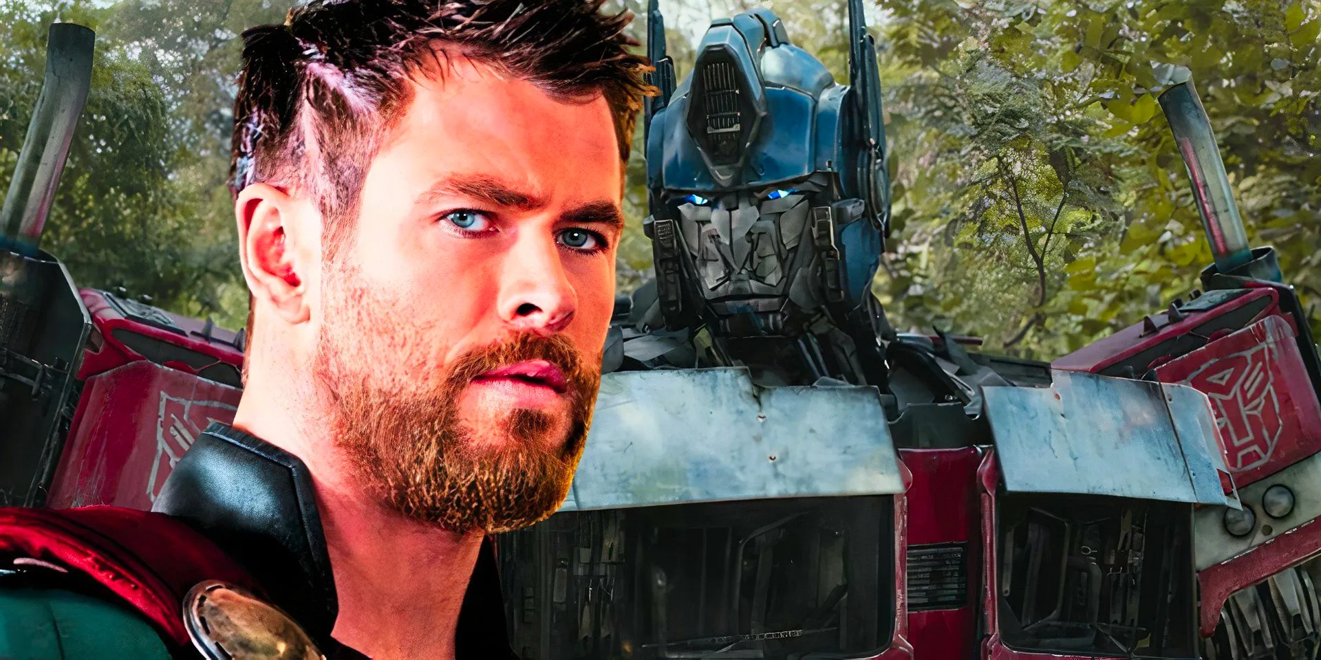 Optimus Prime looking down in Transformers Rise of the Beasts next to Chris Hemsworth as Thor looking serious in Thor Ragnarok Image