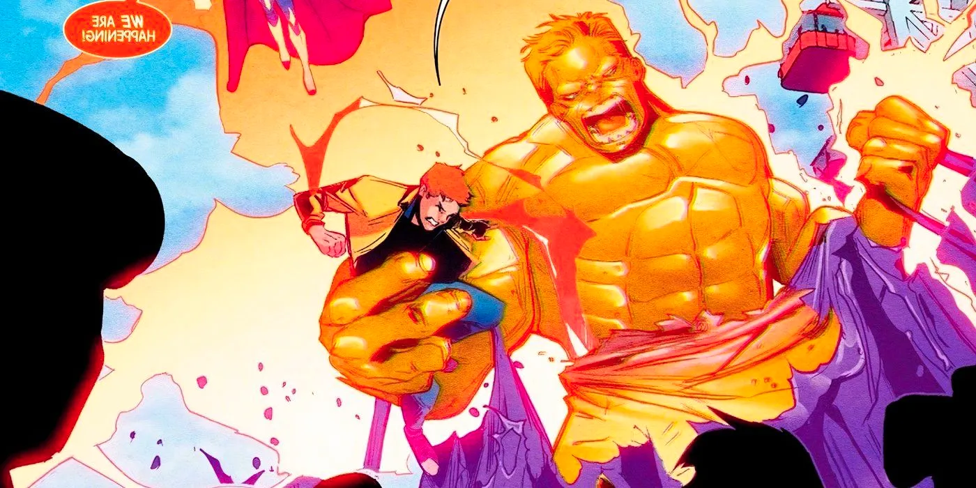 Orange Hulk holding an innocent person while battling enemies. Image