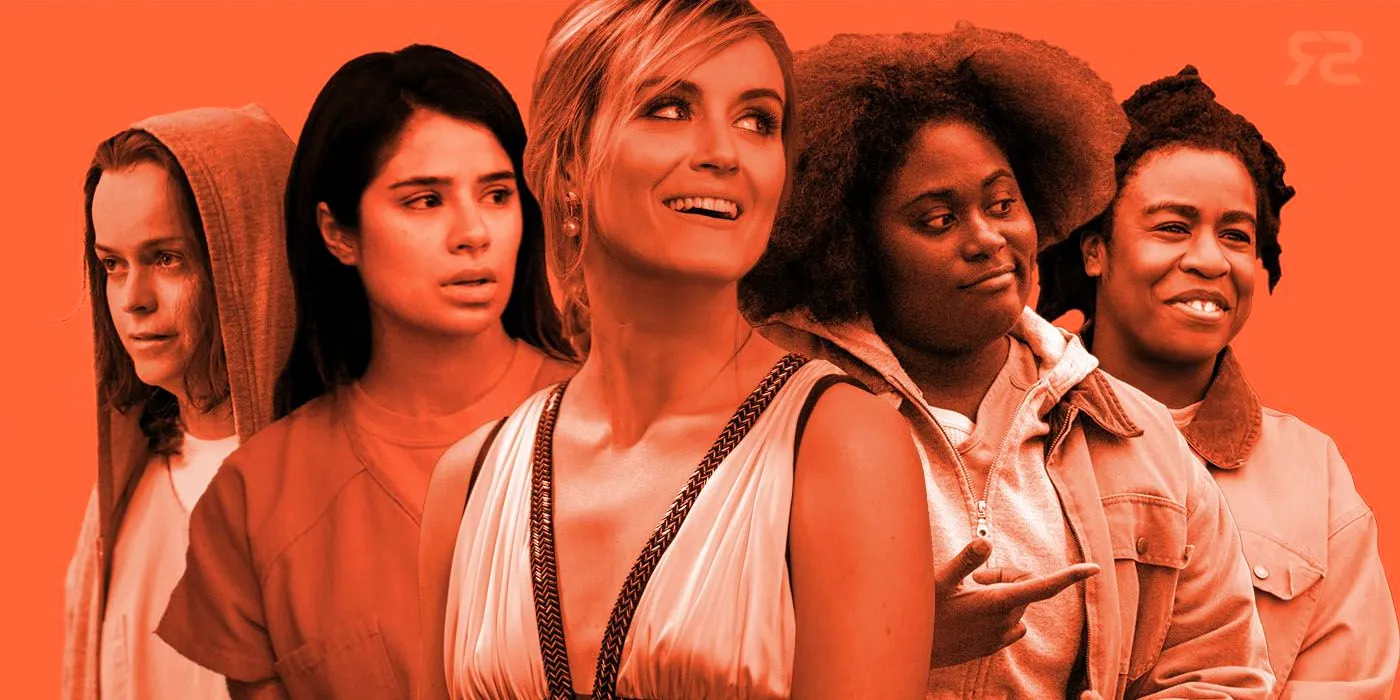 Orange shaded collage of characters from Orange is the New Black Image