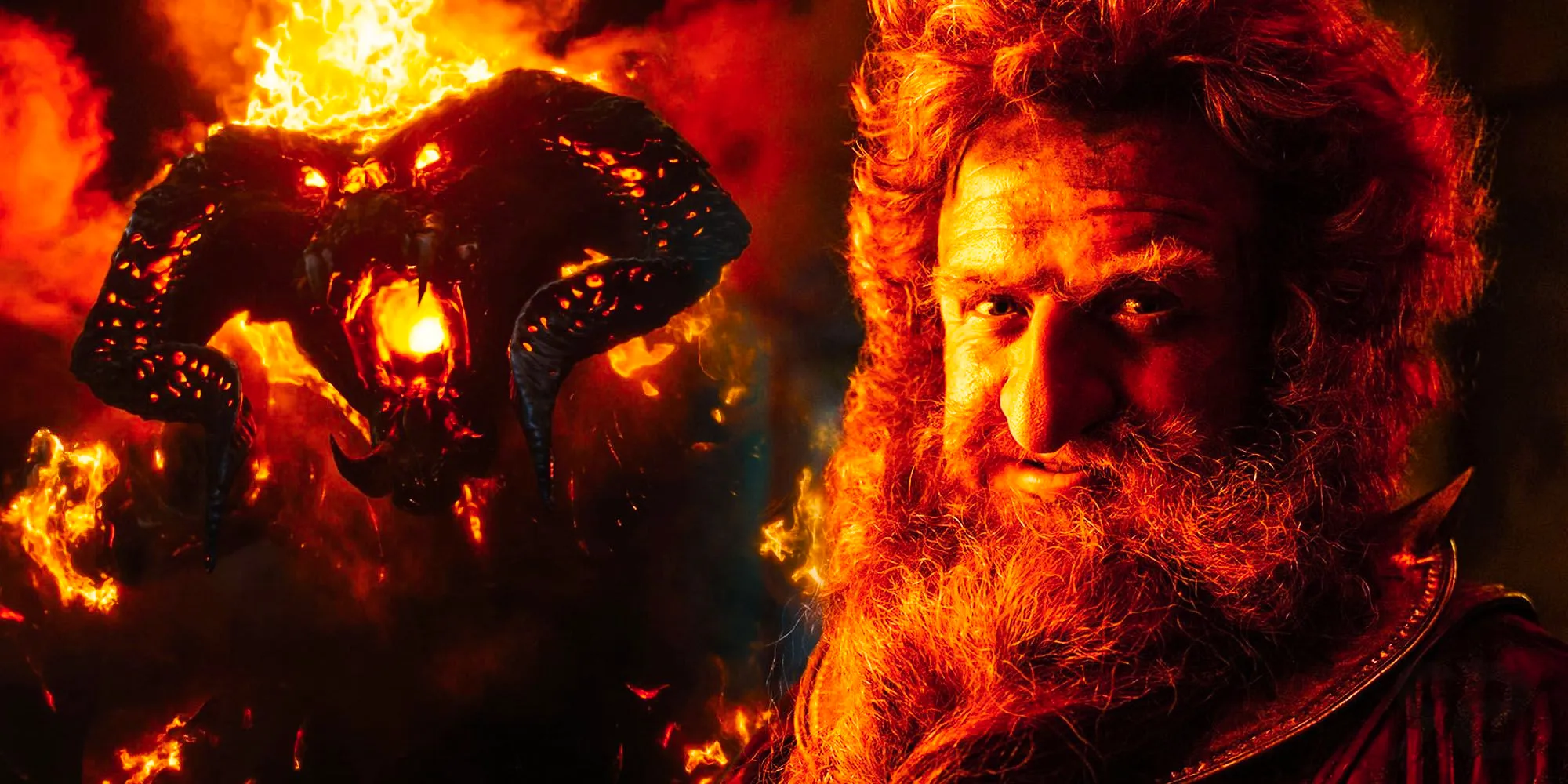 Owain Aruthur as Prince Durin juxtaposed with the Balrog in The Lord of the Rings The Rings of Power season 2 Image