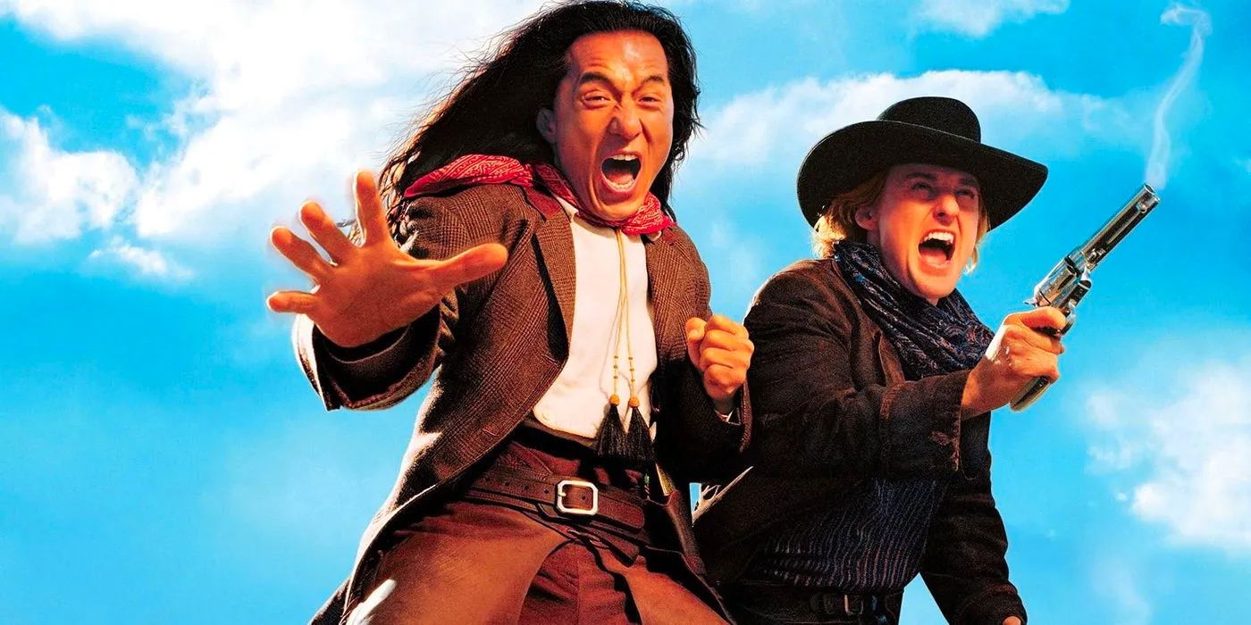 Owen Wilson and Jackie Chan in action poses for the poster for Shanghai Noon Image