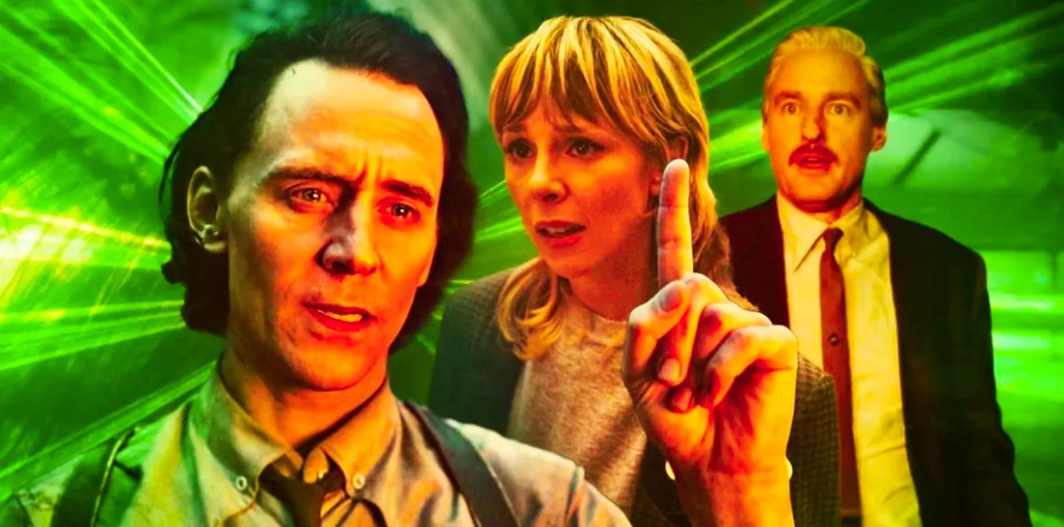 Owen Wilson as Mobius next to Sophie Di Martino as Sylvie next to Tom Hiddleston as Loki pointing his index finger upward in Loki Season 2 Image