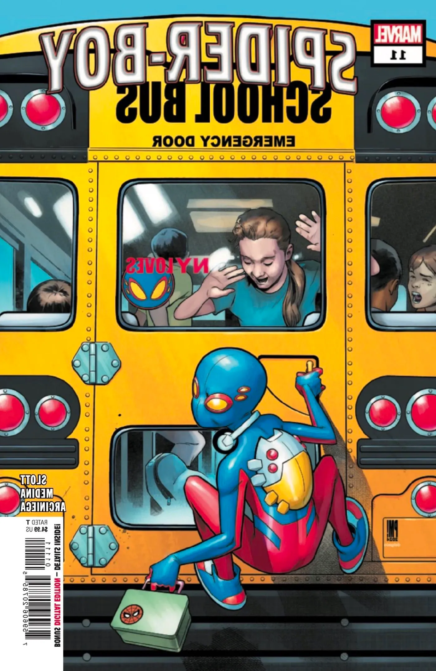 Paco Medina’s Spider-Boy #11 cover - Spider-Boy hangs off a school bus. Image