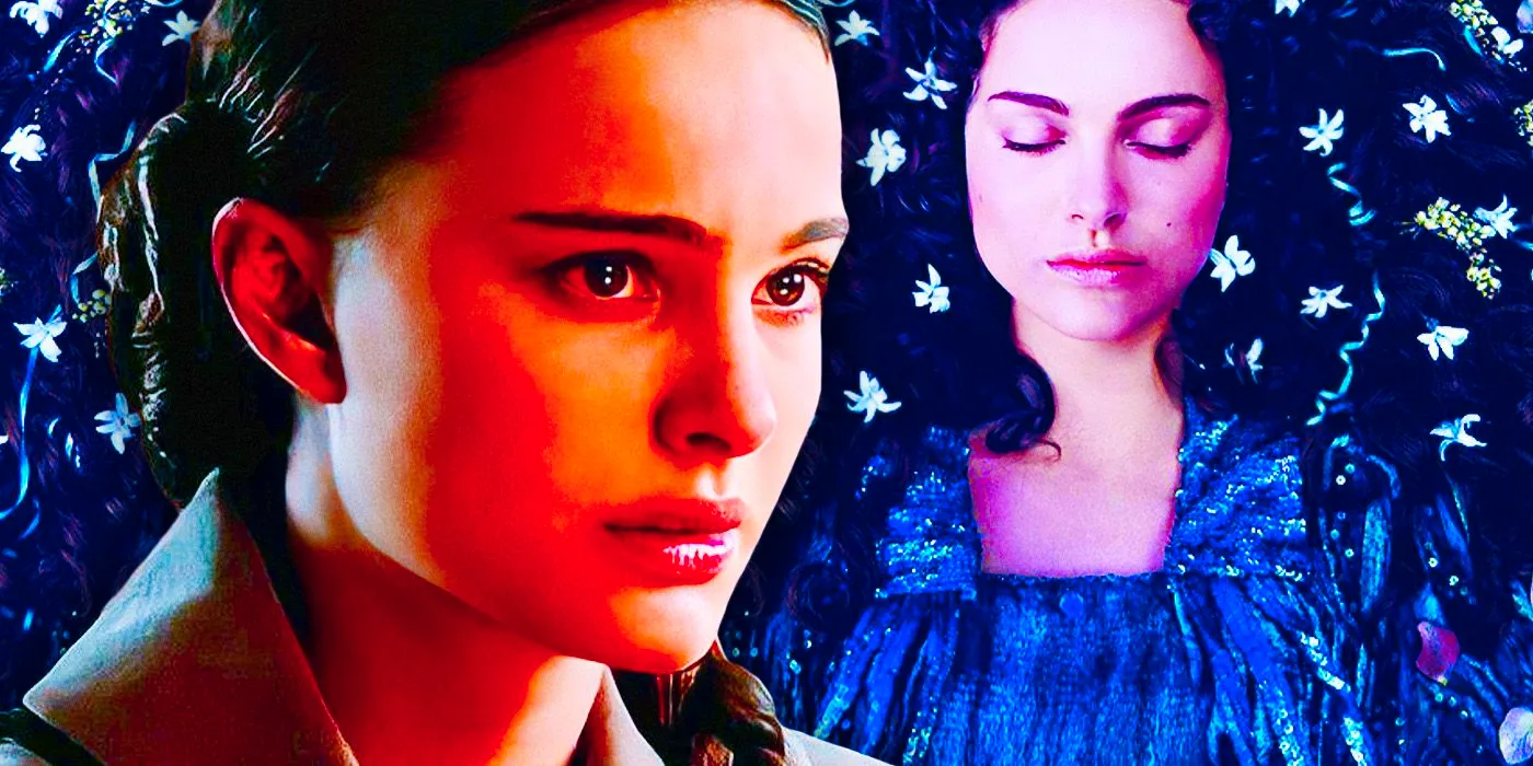 Padme in her coffin to the left and Padme looking upset in Revenge of the Sith to the right in a combined image. Image