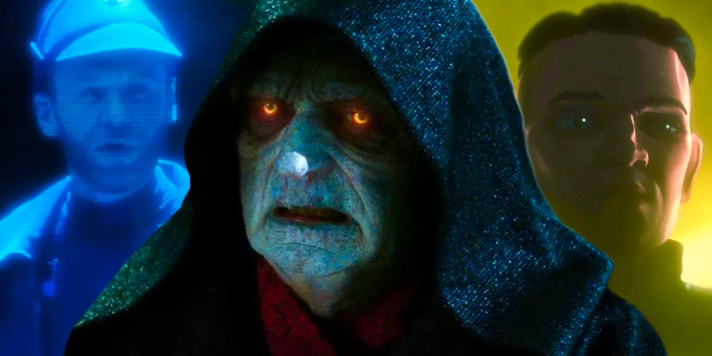 Palpatine in the center with Hemlock on the left and Brendol Hux on the right. Image