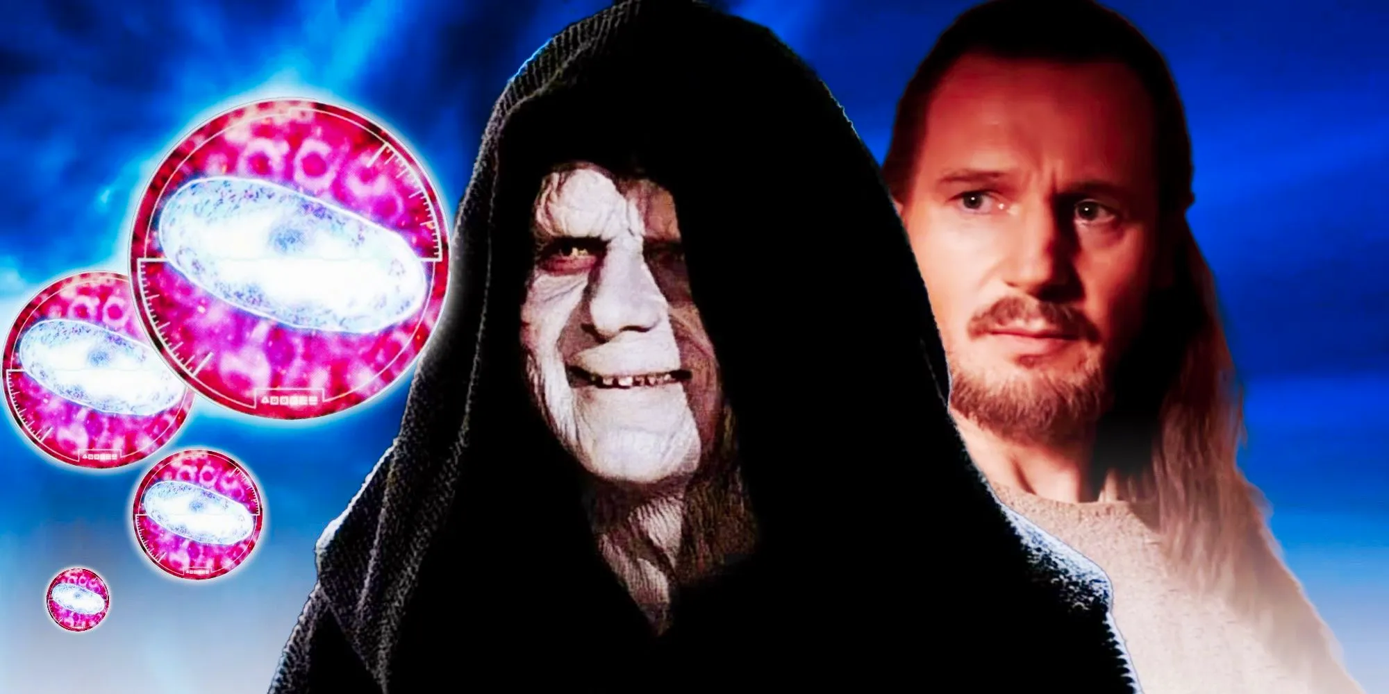 Palpatine in the forefront with Qui-gon Jinn and Midi-chlorians against a blue background Image