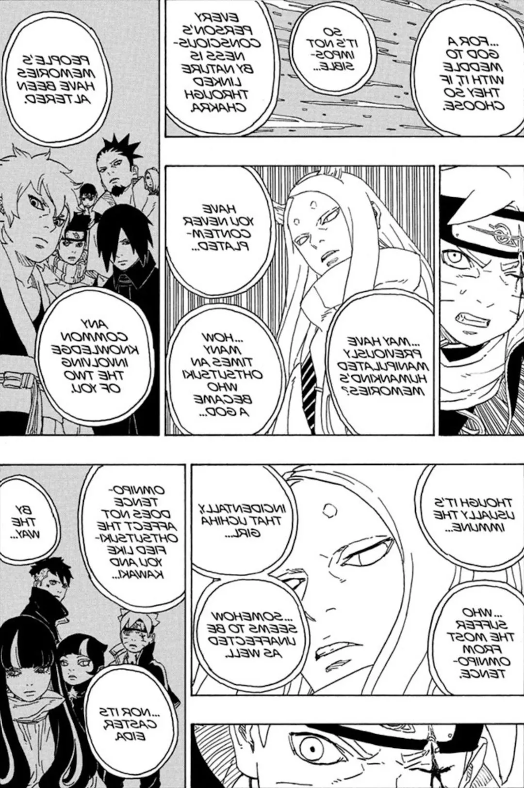 Panel from Boruto manga chapter 79 where Momoshiki explains to Boruto how Eida's brainwashing ability has altered the memories of people around the world and how those unaffected will have it worse off. Image