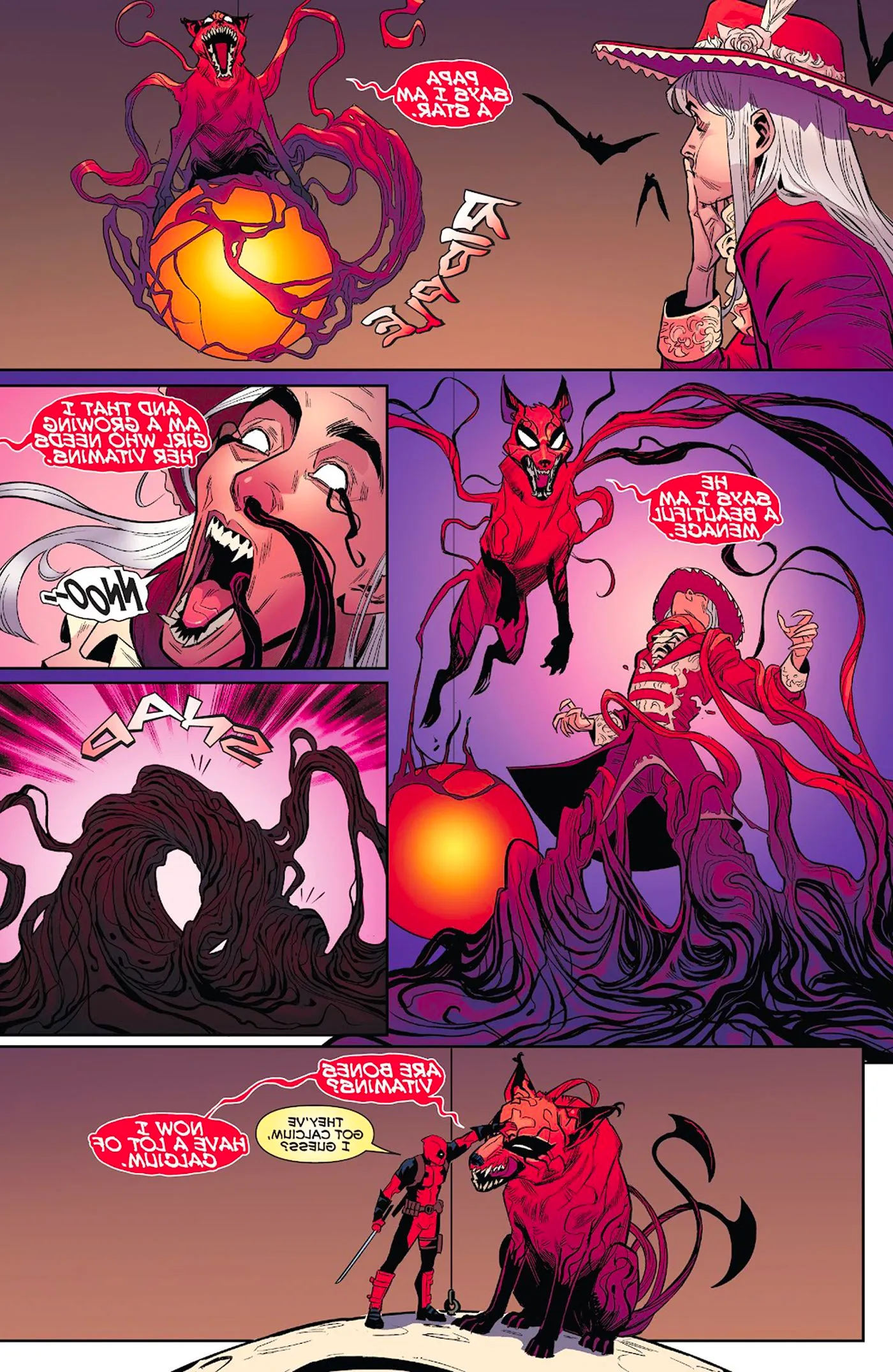 Panels from Deadpool (2023) #7, featuring growing girl Princess (a symbiote wolf) getting her vitamins (eating one of Deadpool's enemies). Image