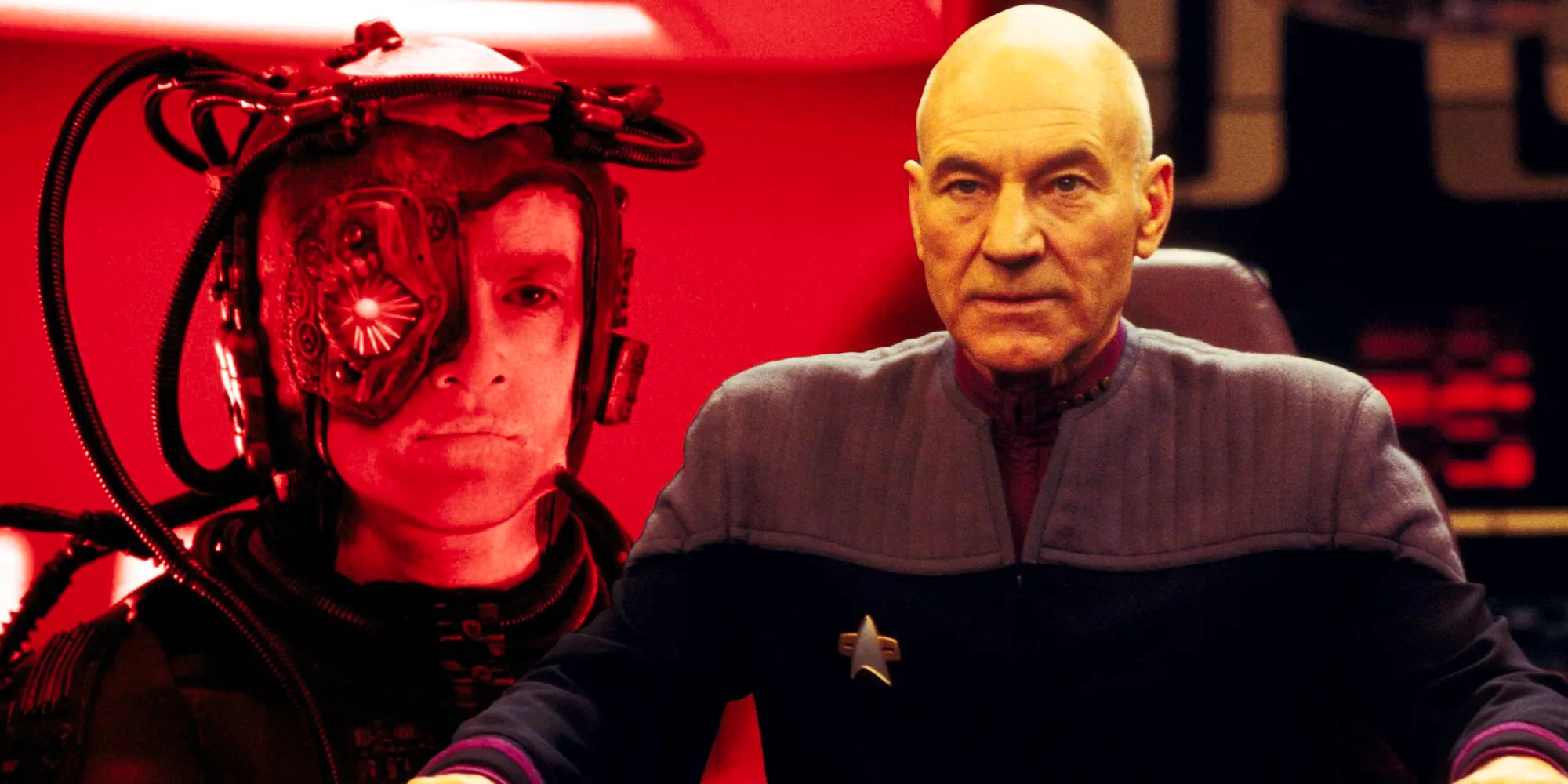 Patrick Stewart as Captain Picard and Jonathan Del Arco as Hugh Borg Image