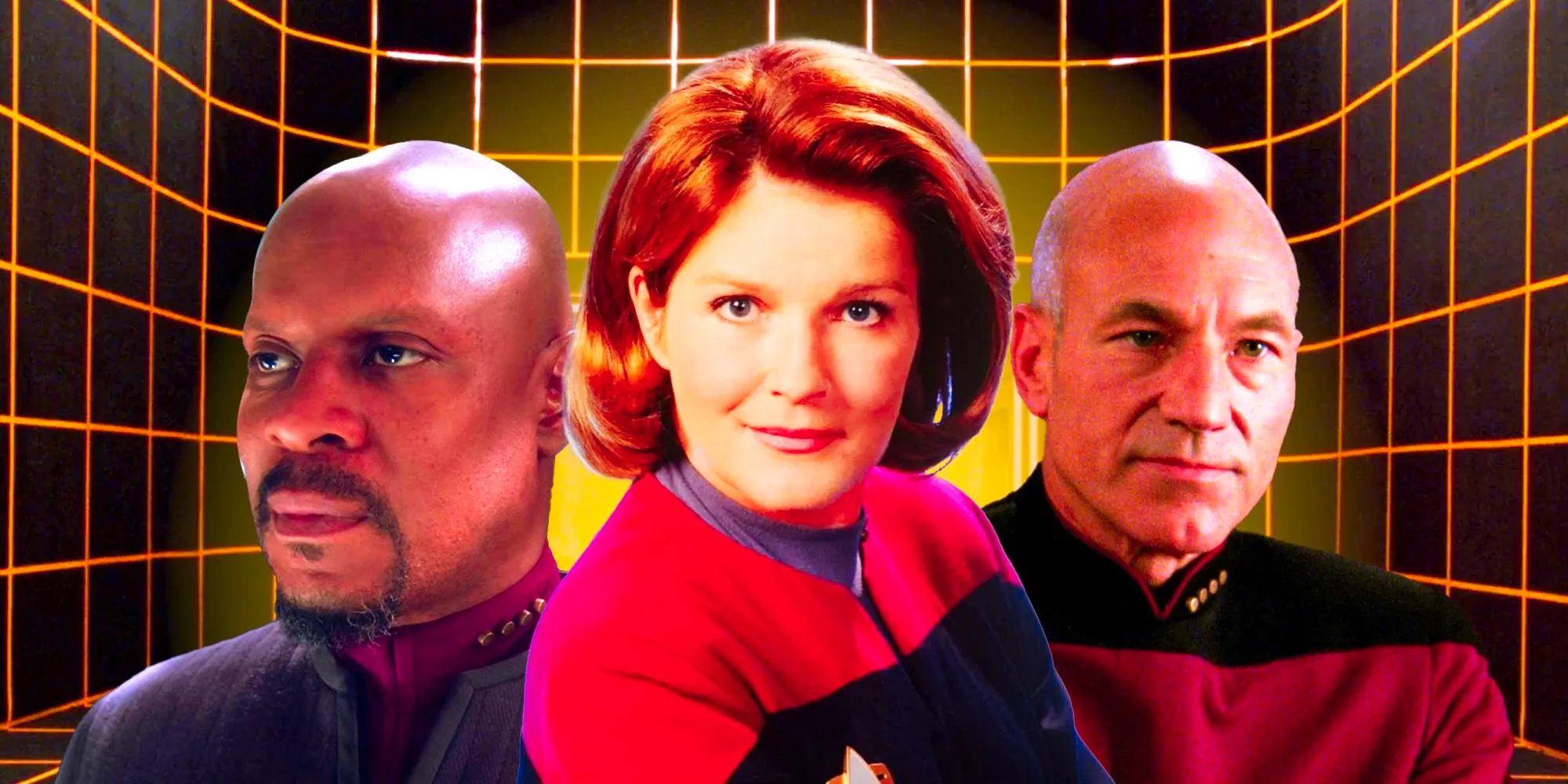 Patrick Stewart as Jean-Luc Picard, Kate Mulgrew as Kathryn Janeway, and Avery Brooks as Benjamin Sisko from the Star Trek franchise with the holodeck grid in the background. Image